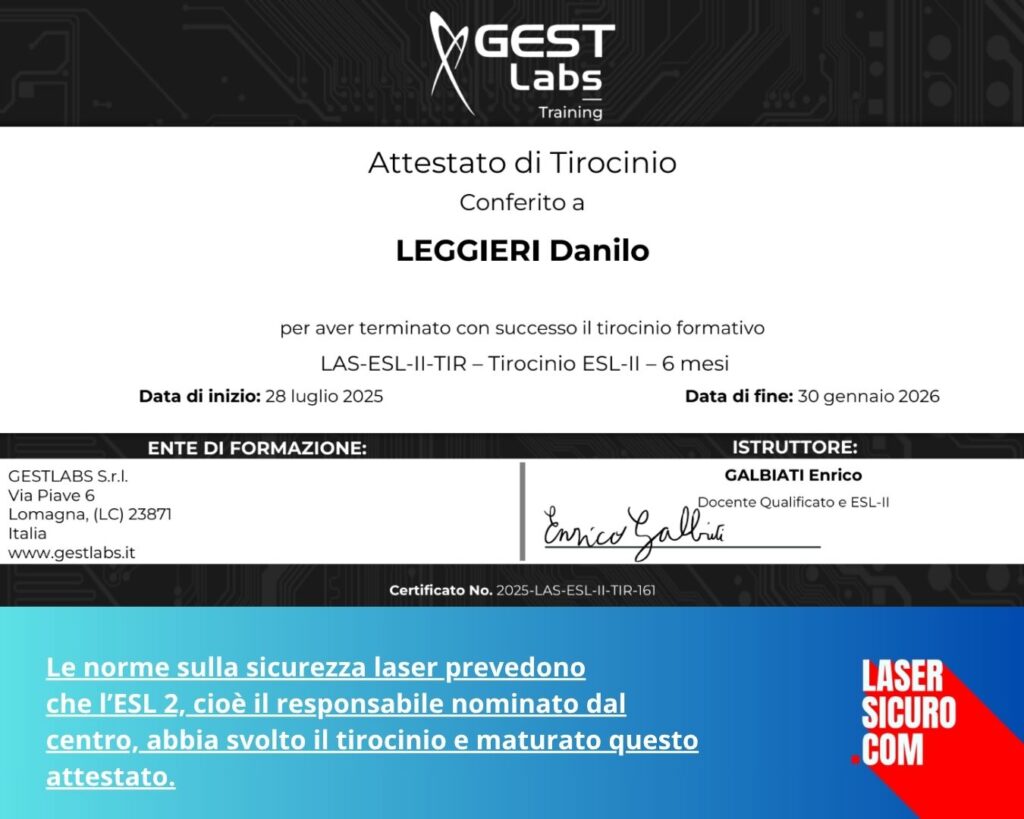 Norme sulla sicurezza laser attestato a Danilo Leggieri dal CEI